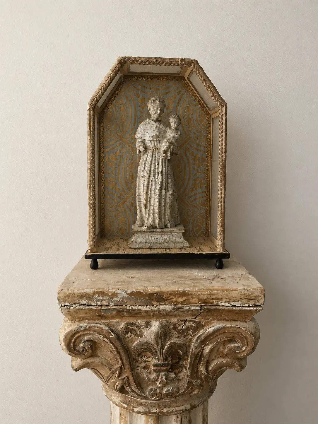 Saint Anthony of Padua — Polychrome Figure in Original Glass Shrine, 19th Century