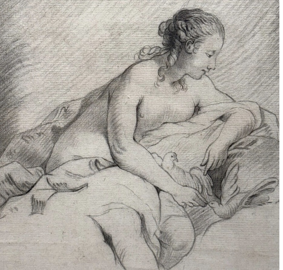 18th Century French School — Venus with Doves, graphite on paper
