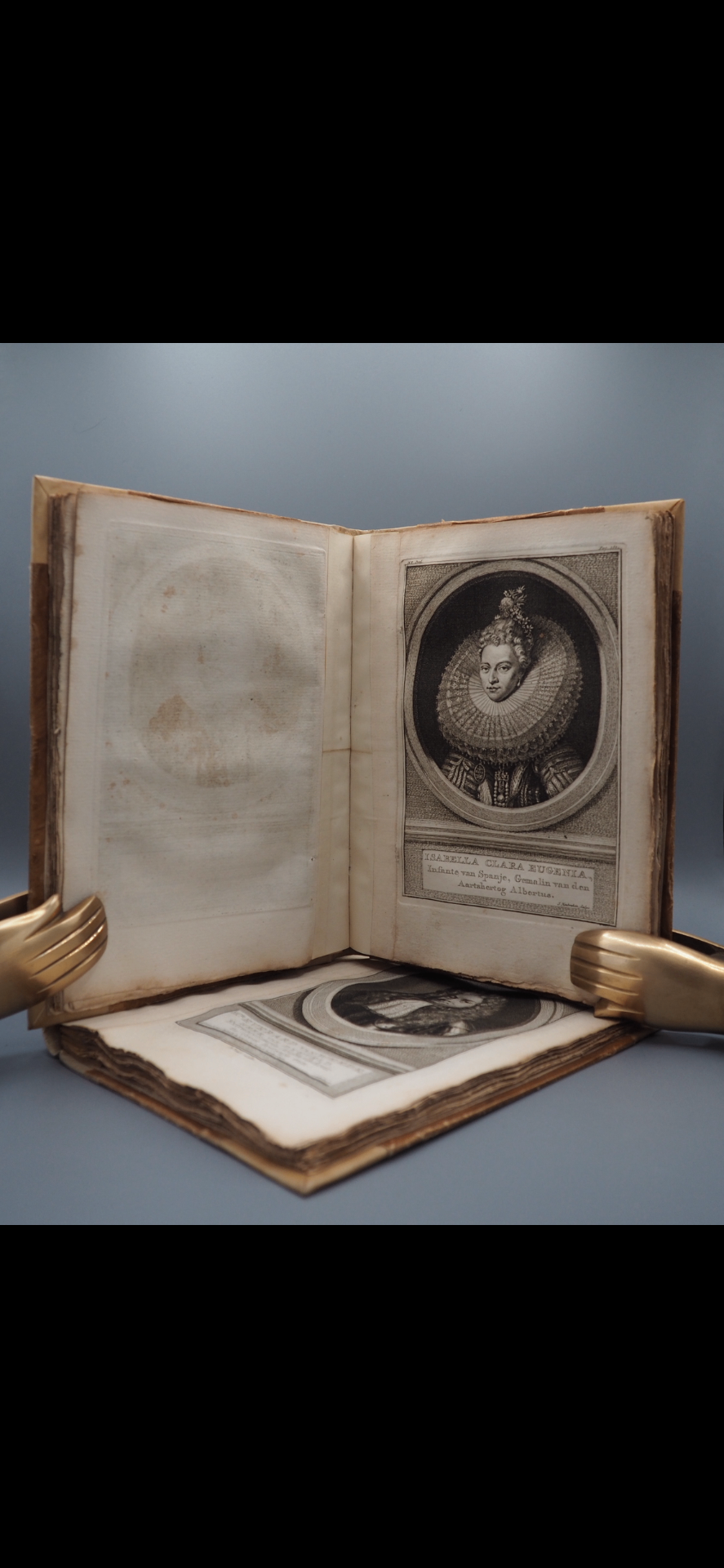 18th Century Portrait Engraving Collection — Historical Figures of the Low Countries, open volume showing Isabella Clara Eugenia