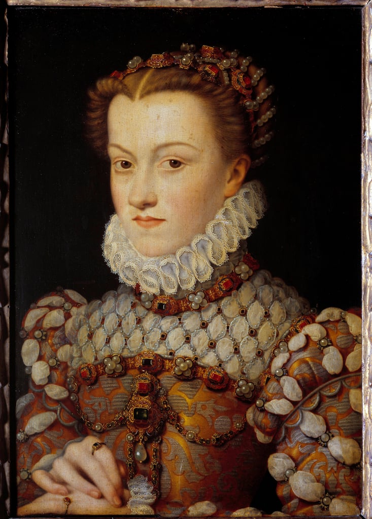 Elisabeth of Austria, Queen of France, painted by François Clouet with millstone ruff, pearls and pendant jewel